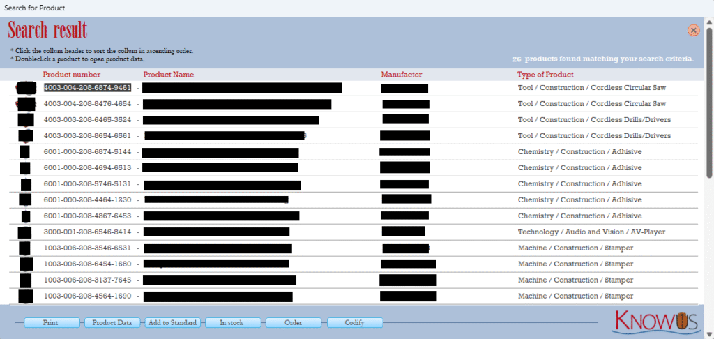 The Global Catalog: Displaying a search result with unique KU-P numbers, product names, and verified manufacturers.